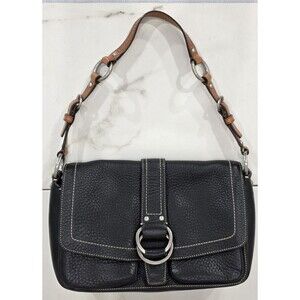 Coach Y2K Chelsea Leather Flap Shoulder Bag Buckles Rings Black Brown F10893